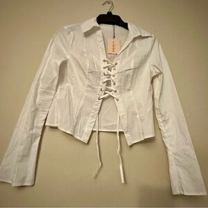 Cream Button Down Crop Top with Notched Collar‎